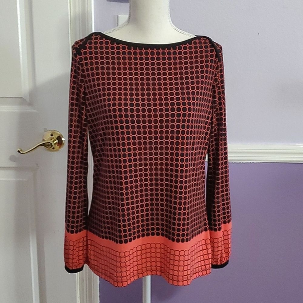 Liz Claiborne Career Black & Salmon Geometric Long Sleeve Elegant Jersey Top S